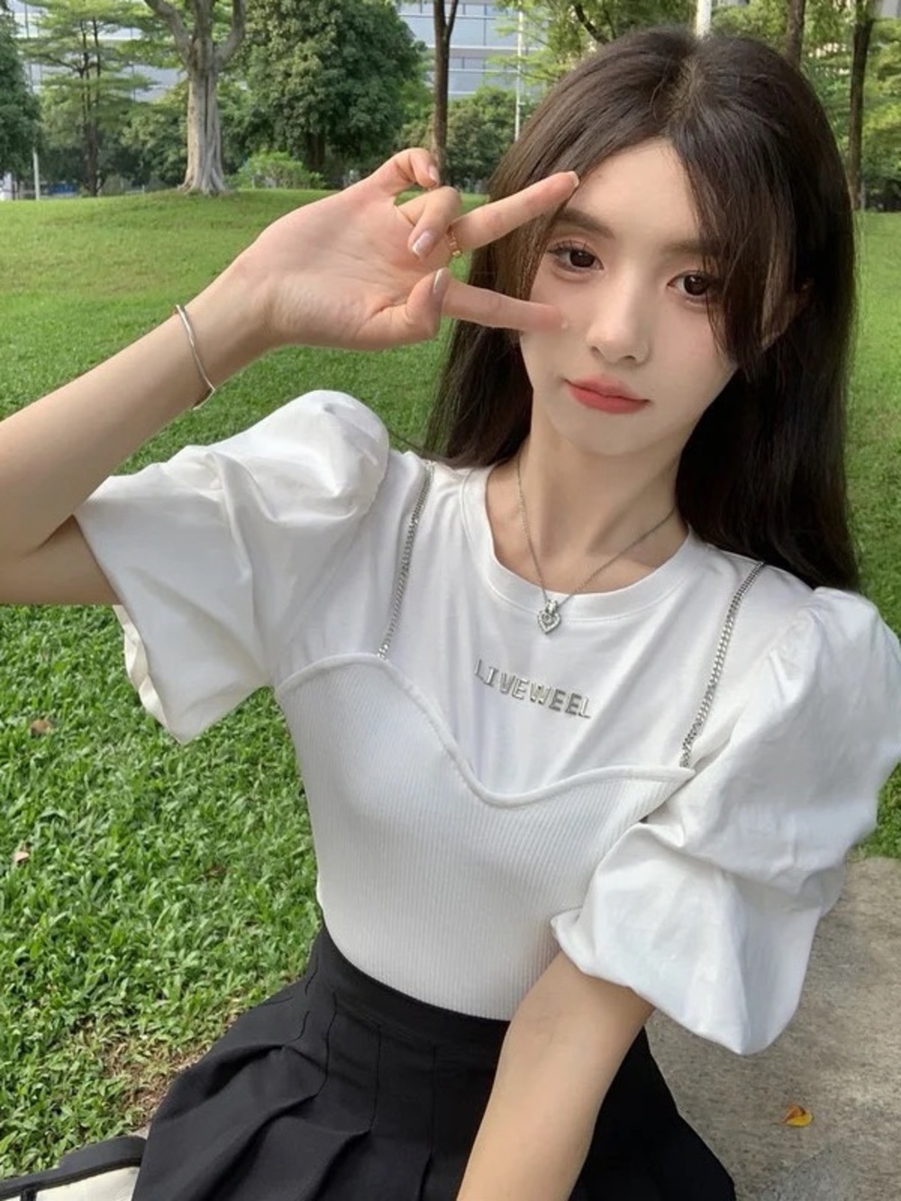White Puff Sleeve Layered Ribbed Knit Top